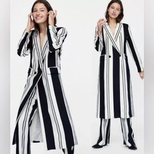 Zara Black and White Striped Long Blazer Size M